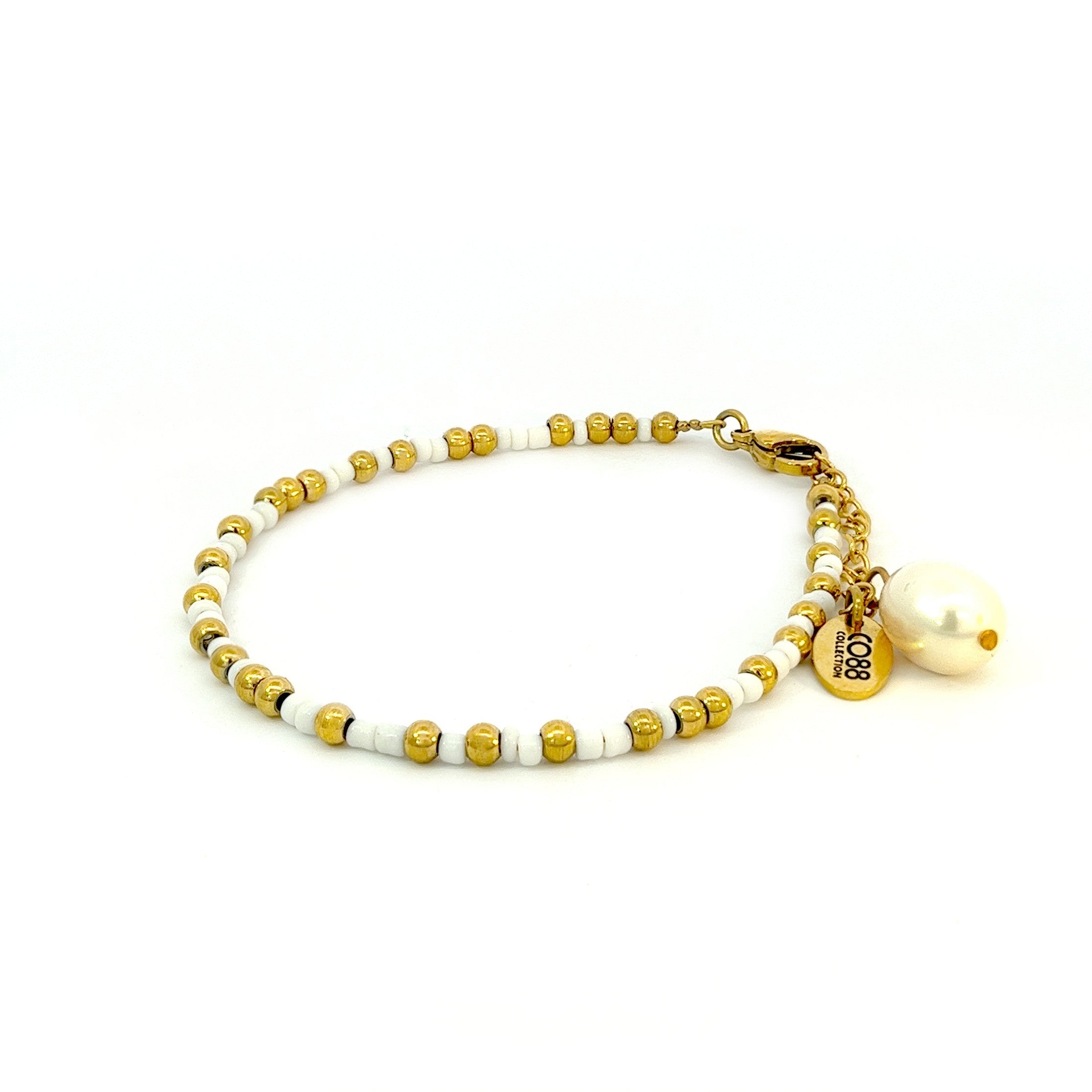 CO88 Collection Stalen Armband Wit en Goud met Parel 8CB-91025